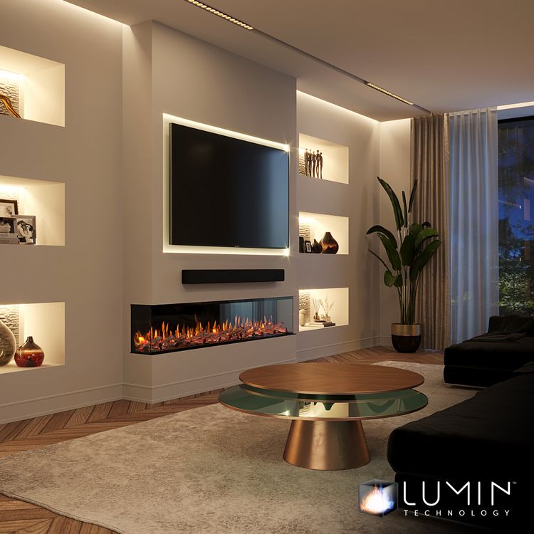 media wall fireplace with shelves and lighting